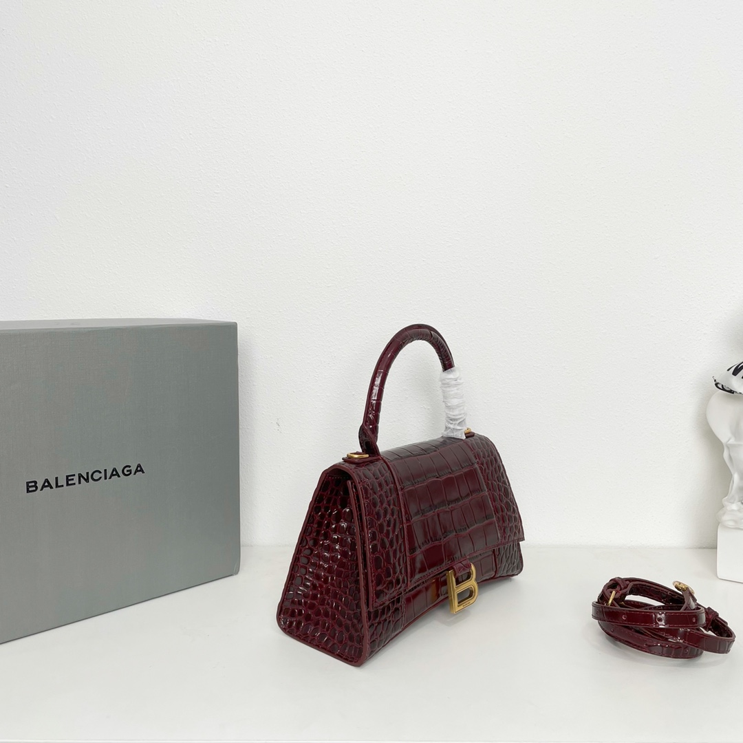 巴黎世家BalenciagaHourglass沙漏包S号2️3️cm高级时尚的酒红色鳄鱼纹进口原单小牛皮