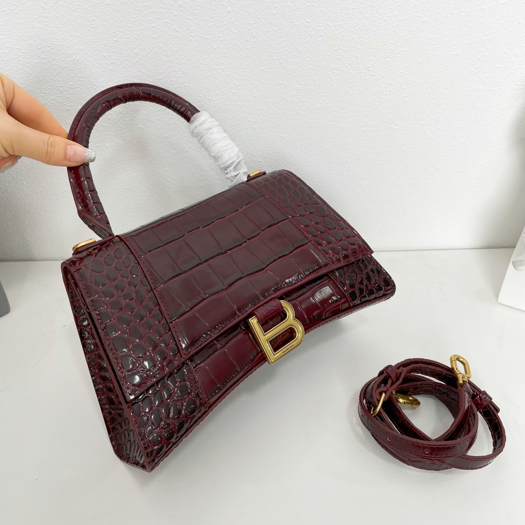 巴黎世家BalenciagaHourglass沙漏包S号2️3️cm高级时尚的酒红色鳄鱼纹进口原单小牛皮