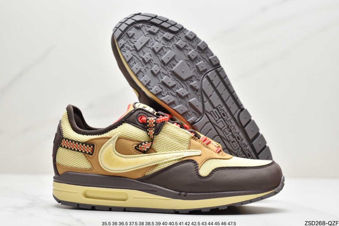 320 Travis Scott x Nike Air Max 1”Wheat/Lemon”改版款低帮复古百搭休闲运动慢跑鞋“柠檬黄做旧倒钩”DO9392