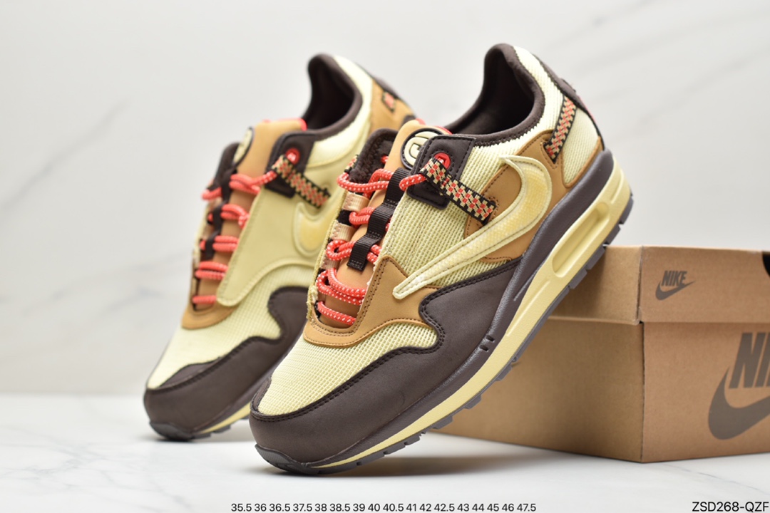 320 Travis Scott x Nike Air Max 1”Wheat/Lemon”改版款低帮复古百搭休闲运动慢跑鞋“柠檬黄做旧倒钩”DO9392