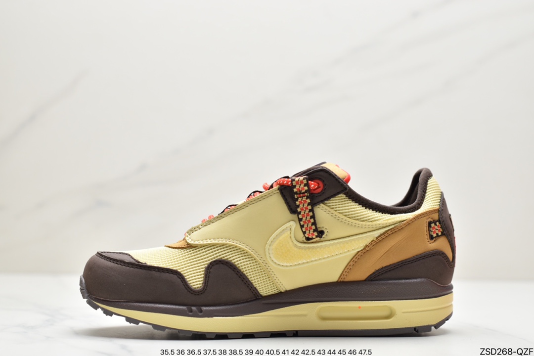 320 Travis Scott x Nike Air Max 1”Wheat/Lemon”改版款低帮复古百搭休闲运动慢跑鞋“柠檬黄做旧倒钩”DO9392