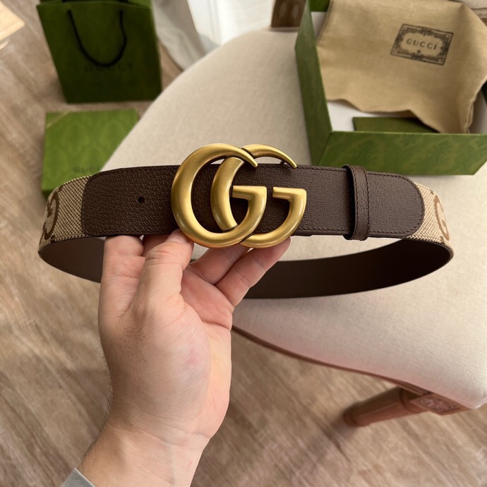古奇〖GUCCl〗男士腰带 定制大G花帆布纯手工拼接进口棕色小牛皮 搭配复古双G扣 宽4.0cm