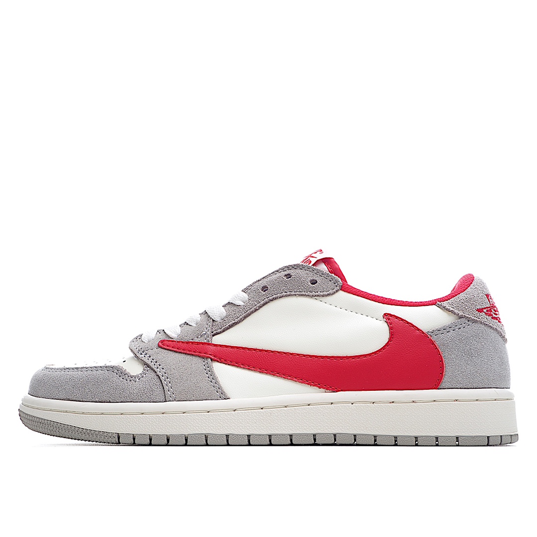 H0 Travis Scott x Fragment x Air Jordan 1 Low 闪电倒勾低帮 整鞋以白灰红为主，内侧灰色Swoosh，外侧则是红色「倒钩」。当然了，鞋跟诸如「闪电」、「鬼脸」、「Cactus Jack」以及飞翼标识等彰显联名的信息。