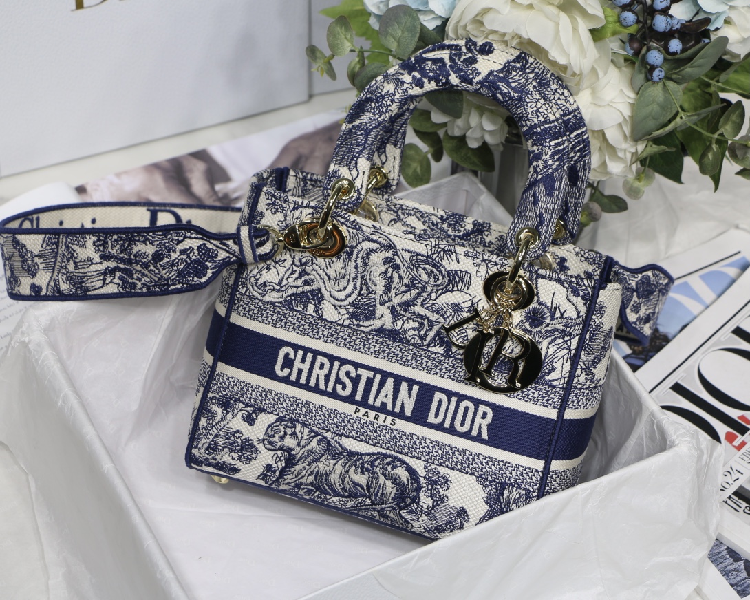 DIOR Lady D Embroidered Fabric Handbag with Wide Shoulder Strap