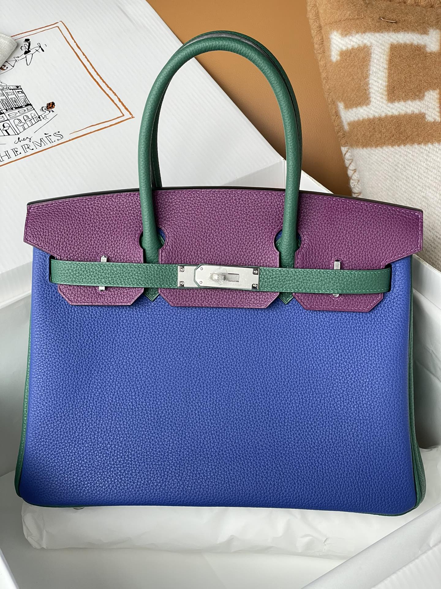 NO:699150,Custom order birkin30 electric blue with sea anemone purple/malachite green togo silver buckle hand-sewn, Hermes, hermes, Hermes,19860909客订birkin30 电光蓝拼海葵紫 /孔雀绿 togo 银扣 手缝,爱马仕,hermes,Hermes,,Bag