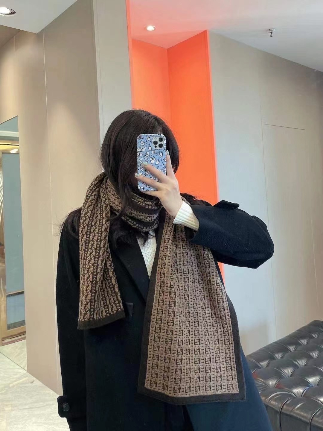 FENDI芬迪FF微型图案新款针织羊毛围巾