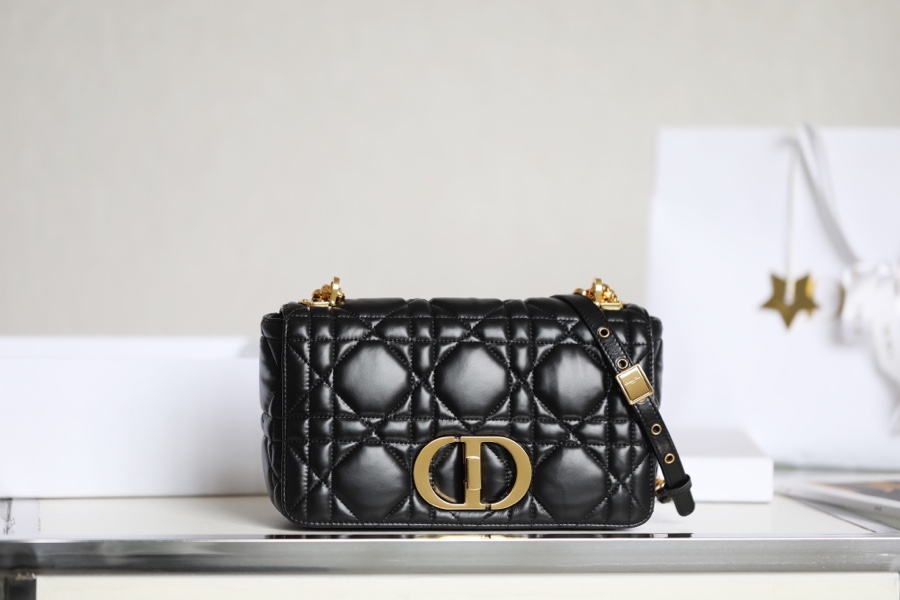 Dior Caro Bags Handbags Black Embroidery Gold Hardware Cowhide Chains