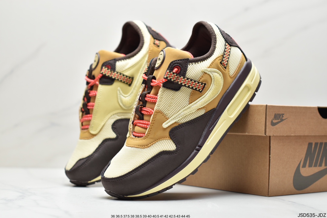 200 Travis Scott x Nike Air Max 1”Wheat/Lemon”改版款低帮复古百搭休闲运动慢跑鞋“柠檬黄做旧倒钩”DO9392