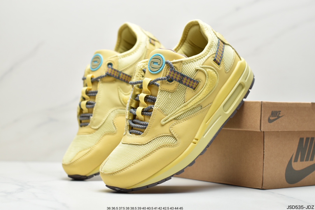 200 Travis Scott x Nike Air Max 1”Wheat/Lemon”改版款低帮复古百搭休闲运动慢跑鞋“柠檬黄做旧倒钩”DO9392