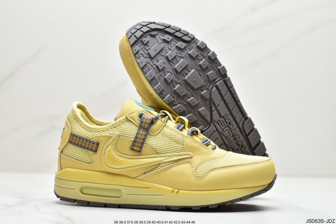 200 Travis Scott x Nike Air Max 1”Wheat/Lemon”改版款低帮复古百搭休闲运动慢跑鞋“柠檬黄做旧倒钩”DO9392