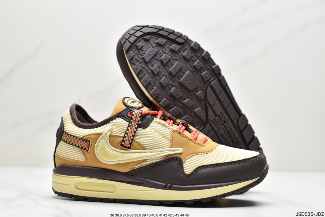 200 Travis Scott x Nike Air Max 1”Wheat/Lemon”改版款低帮复古百搭休闲运动慢跑鞋“柠檬黄做旧倒钩”DO9392