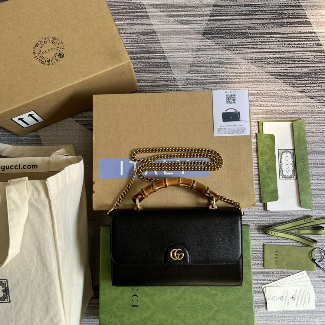 GUCCI 竹節提把 雙G配件 黑色皮革 托特包