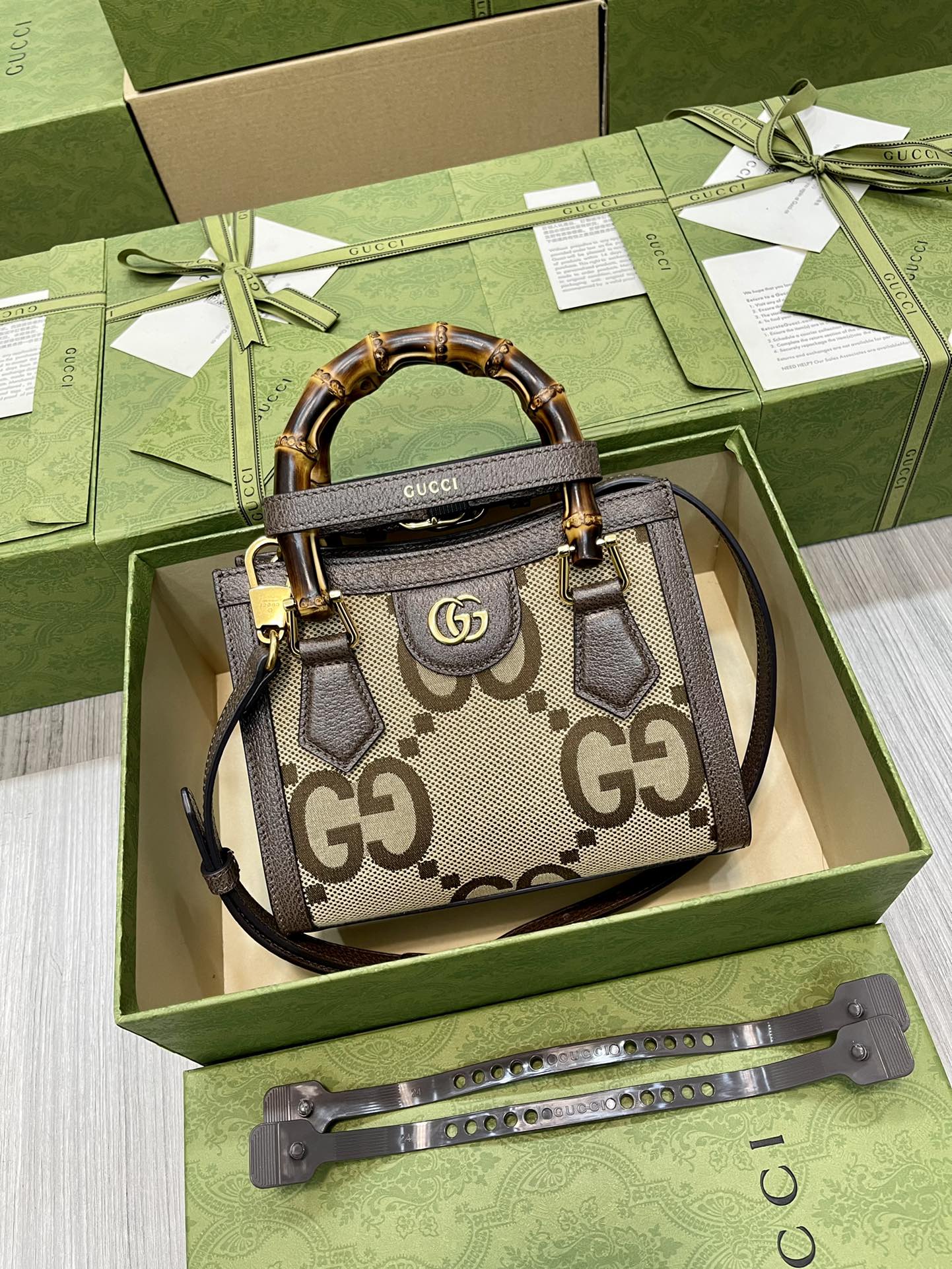 GUCCI Diana Double G Pattern Bamboo Mini Tote Bag