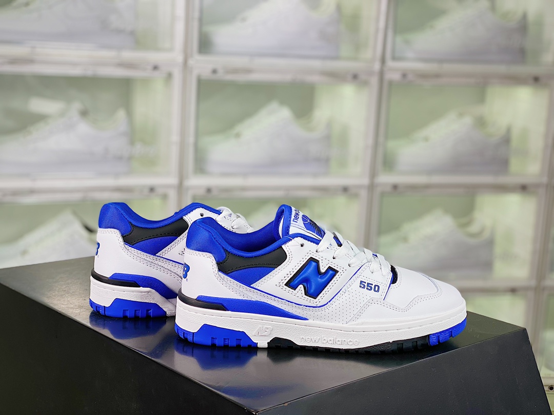 G5 升级版男女鞋真标半码制升级原楦原纸版数据开发版型采用硬质牛培皮组合透气网纱鞋面材质厚实耐磨橡胶缓震大底复古新选择，NB新百伦New Balance BB550系列经典复古低帮休闲运动篮球板鞋“皮革白蓝 BB550SN1