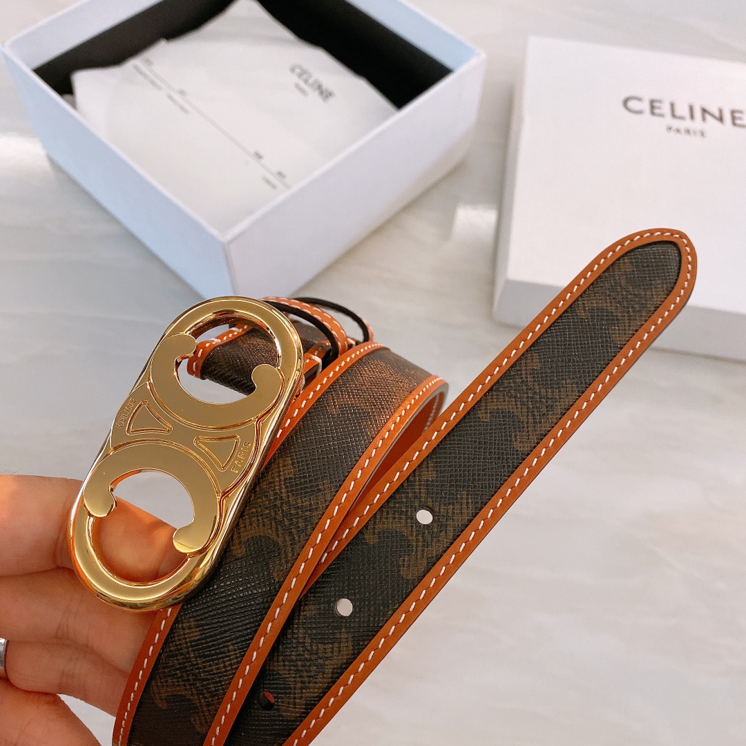 celine#2020新品BORDERTRIOMHE中号标志印花牛皮革腰带黄褐色TRIOMHECANVA