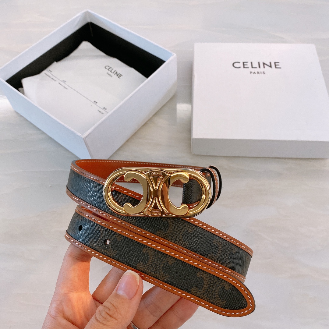 celine#2020新品BORDERTRIOMHE中号标志印花牛皮革腰带黄褐色TRIOMHECANVA