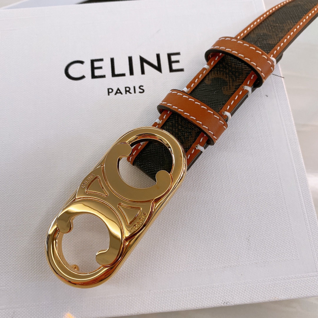 celine#2020新品BORDERTRIOMHE中号标志印花牛皮革腰带黄褐色TRIOMHECANVA