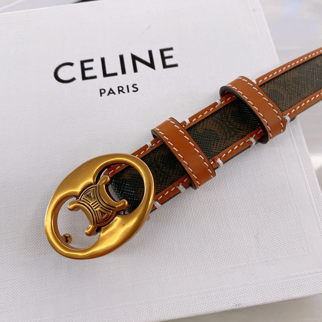 celine#2020新品BORDERTRIOMHE中号标志印花牛皮革腰带黄褐色TRIOMHECANVA