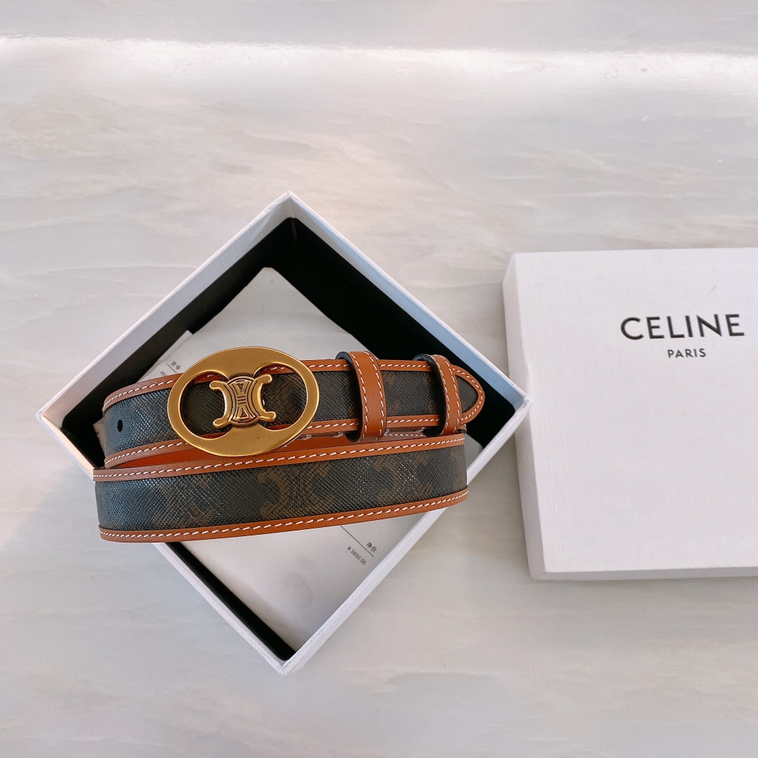 celine#2020新品BORDERTRIOMHE中号标志印花牛皮革腰带黄褐色TRIOMHECANVA