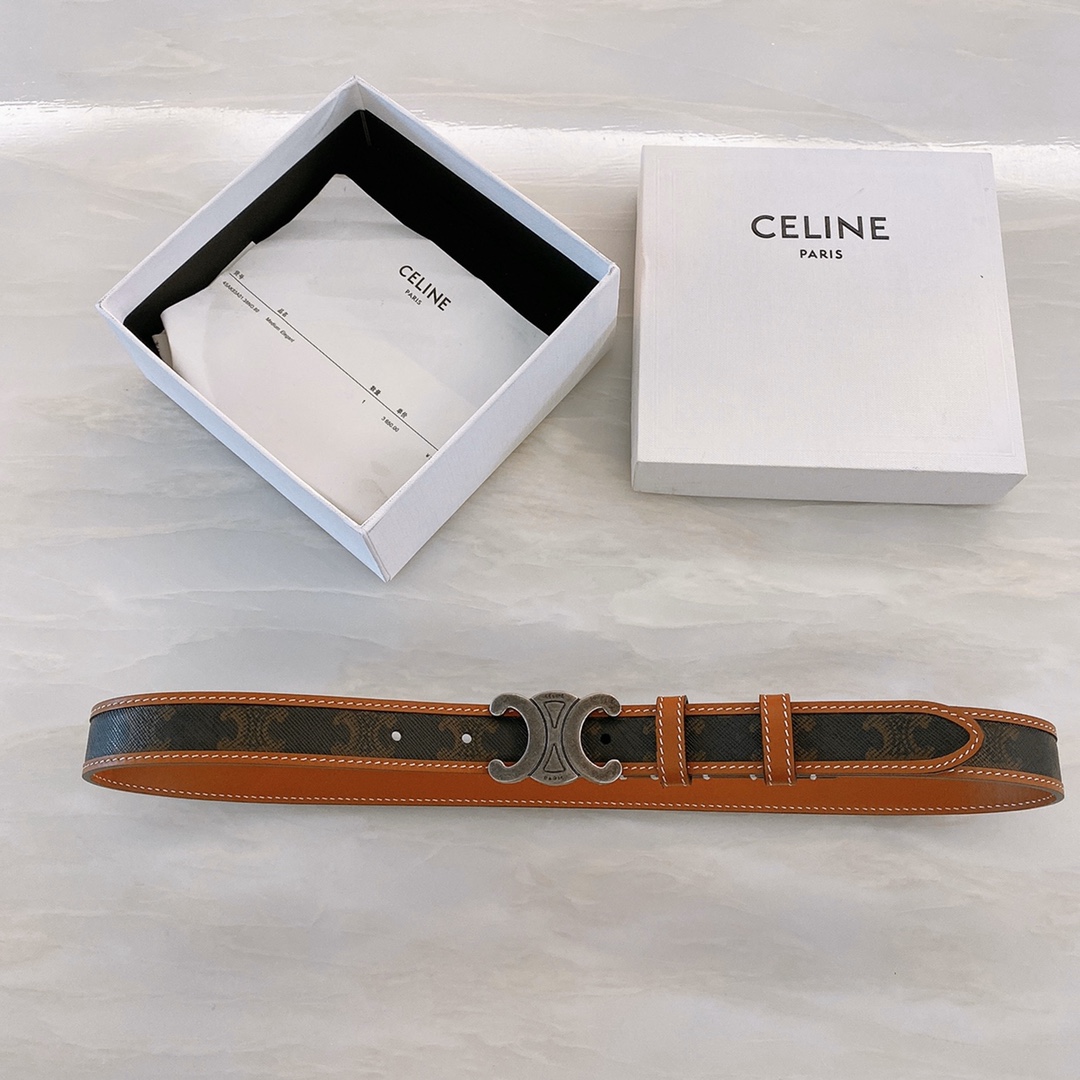 celine#2020新品BORDERTRIOMHE中号标志印花牛皮革腰带黄褐色TRIOMHECANVA