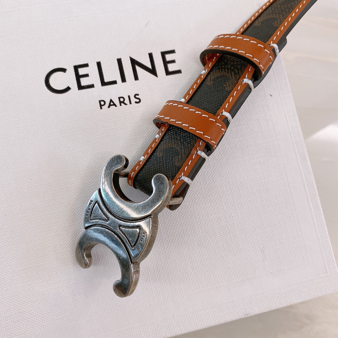 celine#2020新品BORDERTRIOMHE中号标志印花牛皮革腰带黄褐色TRIOMHECANVA