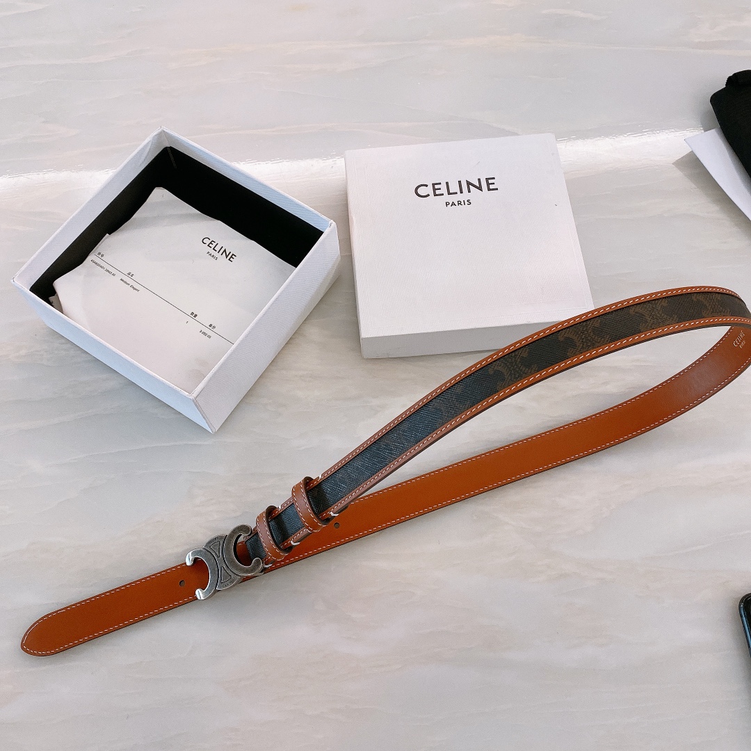 celine#2020新品BORDERTRIOMHE中号标志印花牛皮革腰带黄褐色TRIOMHECANVA