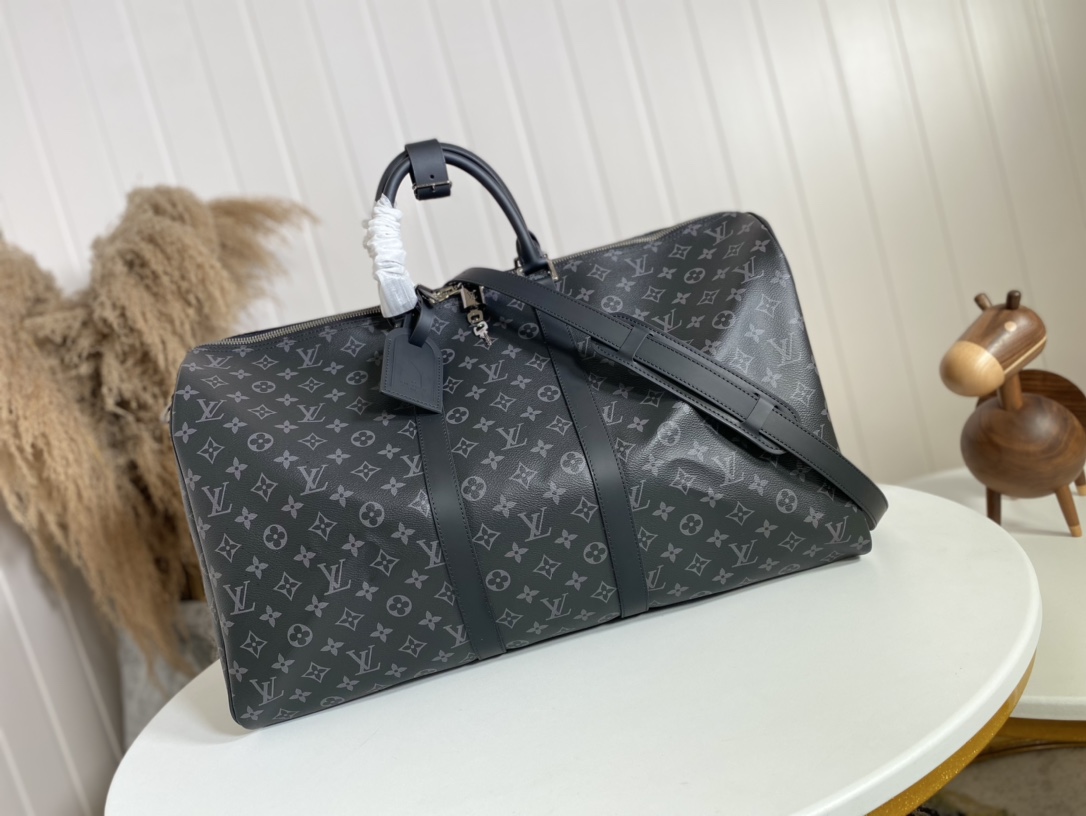 Louis Vuitton LV Keepall Travel Bags Black Grey Monogram Eclipse Canvas M40605