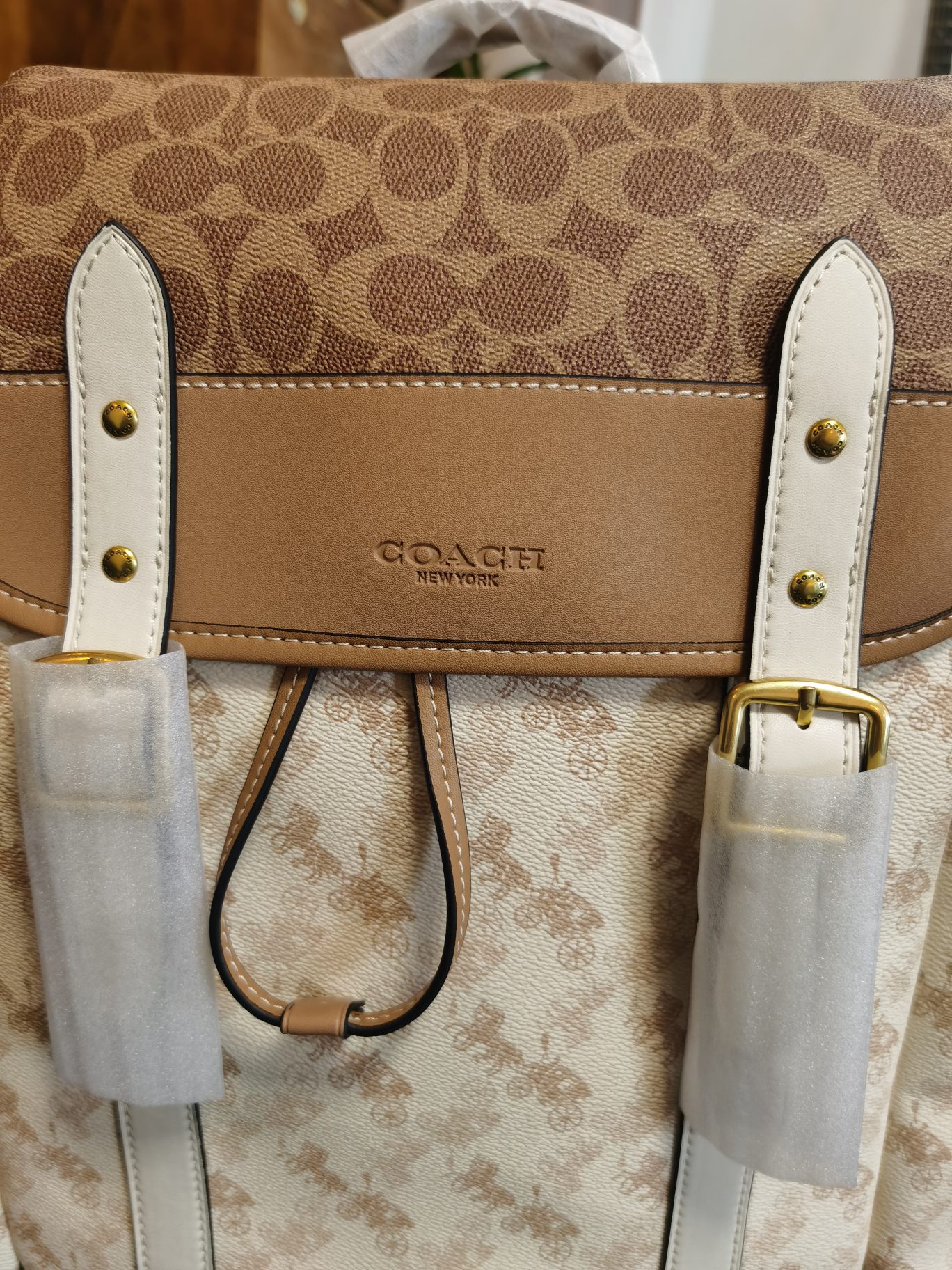 Coach 新款c3802马车图案印花HITCH 翻盖抽绳男士双肩背包 印花涂层帆布和柔软抛光平纹纹头层牛皮
