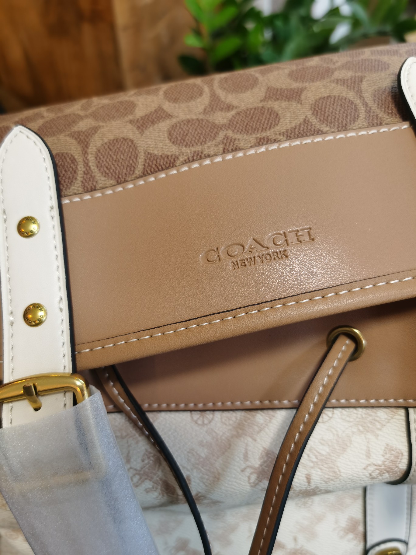 Coach 新款c3802马车图案印花HITCH 翻盖抽绳男士双肩背包 印花涂层帆布和柔软抛光平纹纹头层牛皮