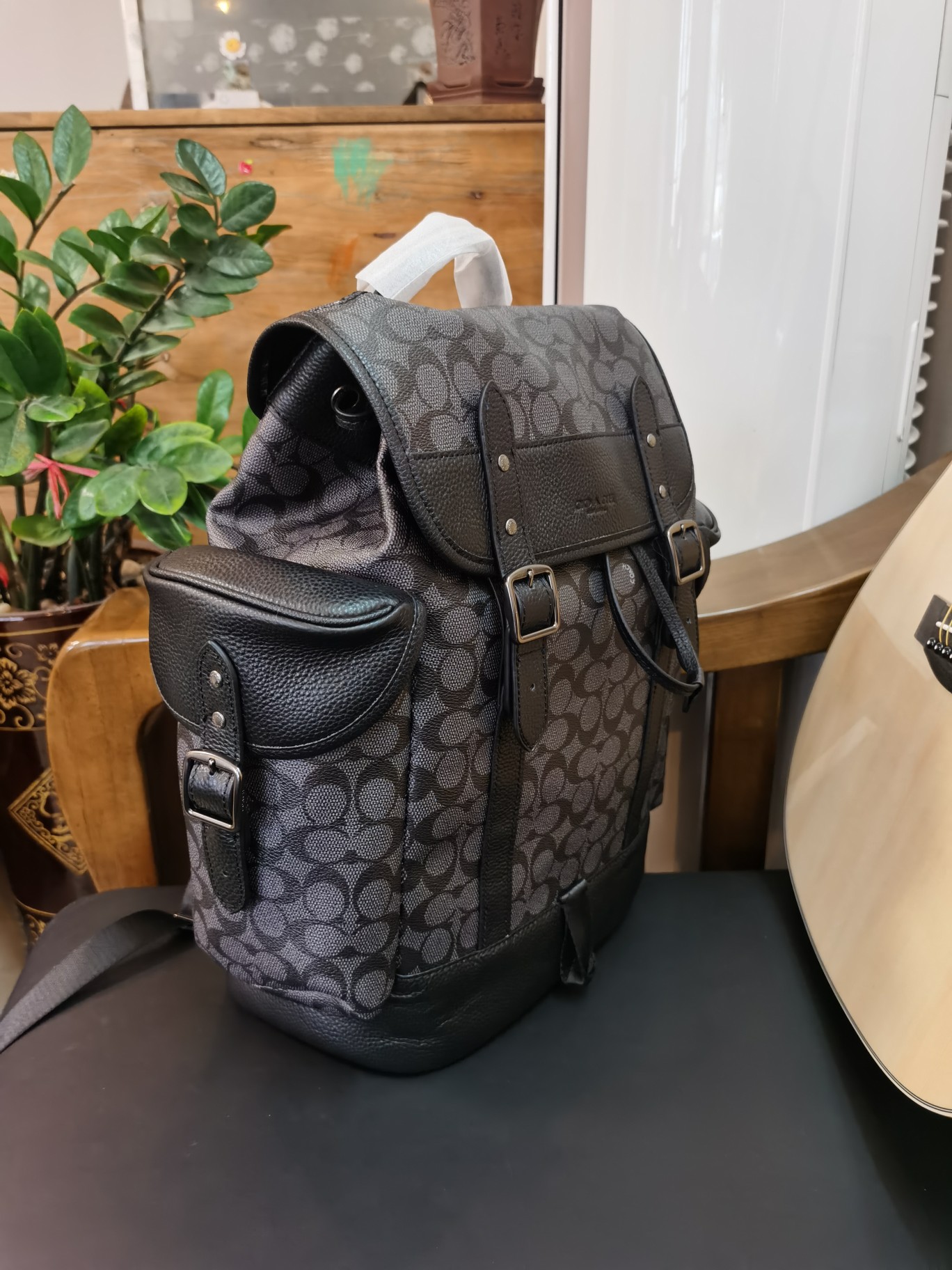 Coach 新款c7673马车图案印花HITCH 翻盖抽绳男士双肩背包 印花涂层帆布和柔软抛光平纹纹头层牛皮