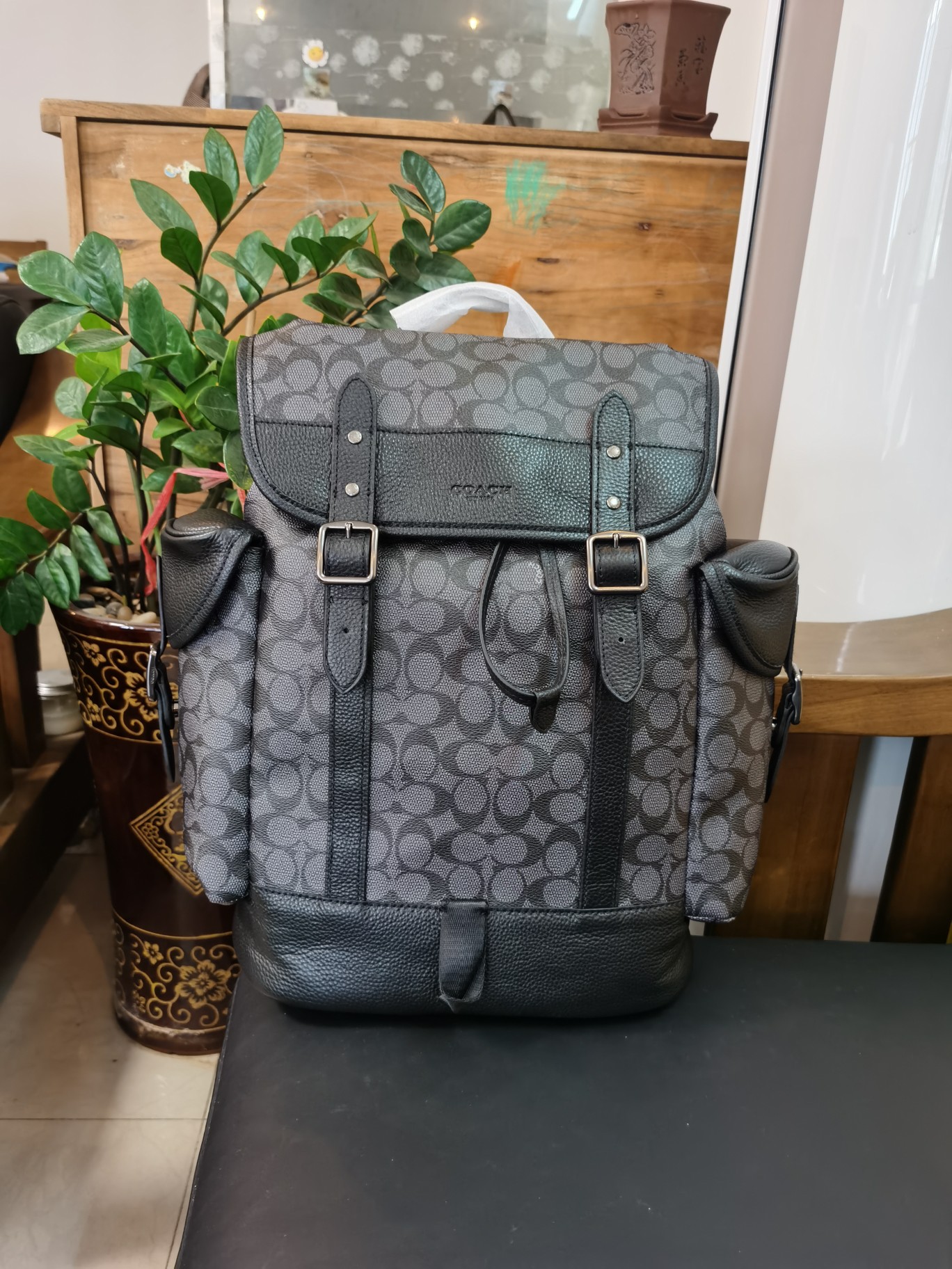 Coach 新款c7673马车图案印花HITCH 翻盖抽绳男士双肩背包 印花涂层帆布和柔软抛光平纹纹头层牛皮