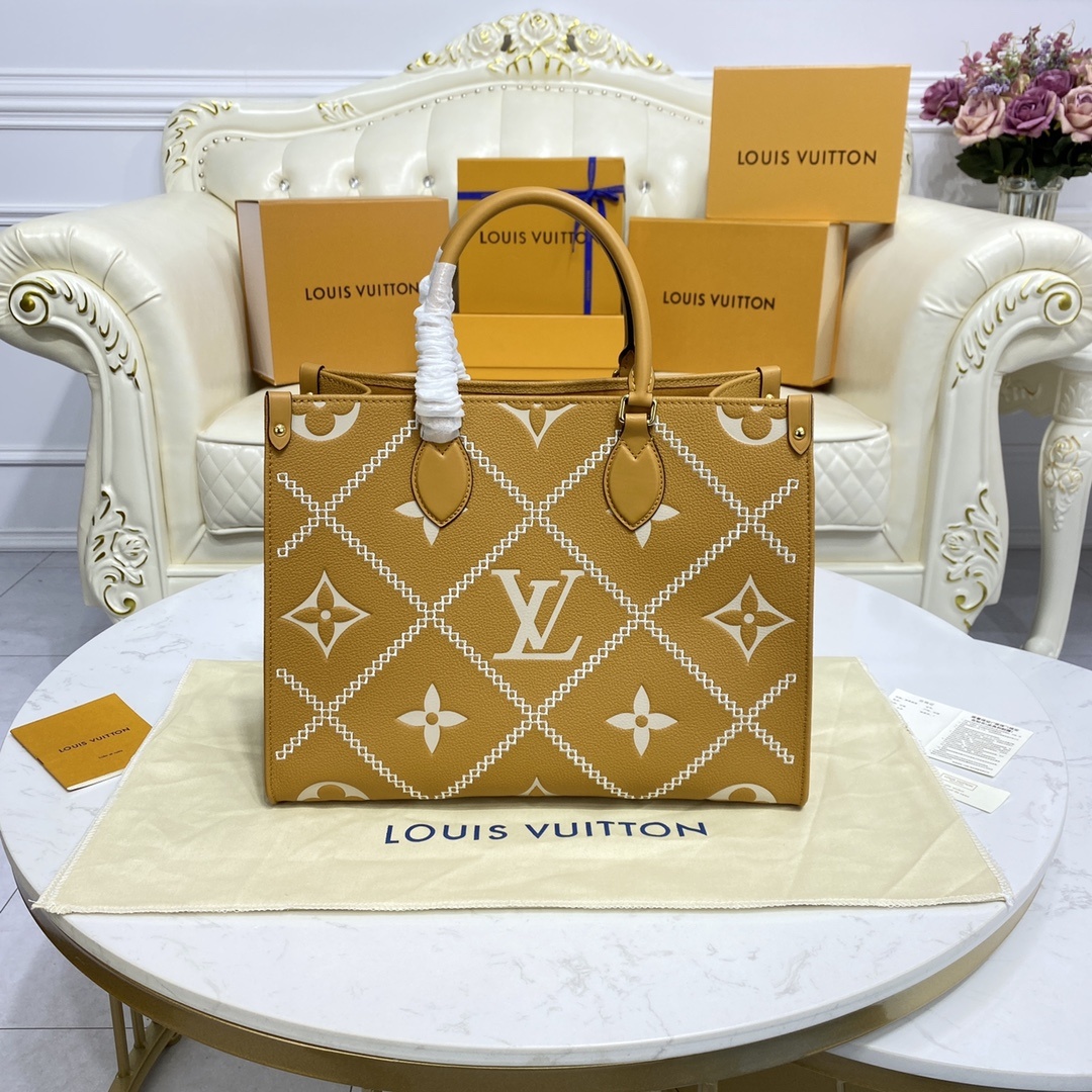 顶级原单M46015杏色46016白色本款Onthego中号手袋取材MonogramEmpreinte皮