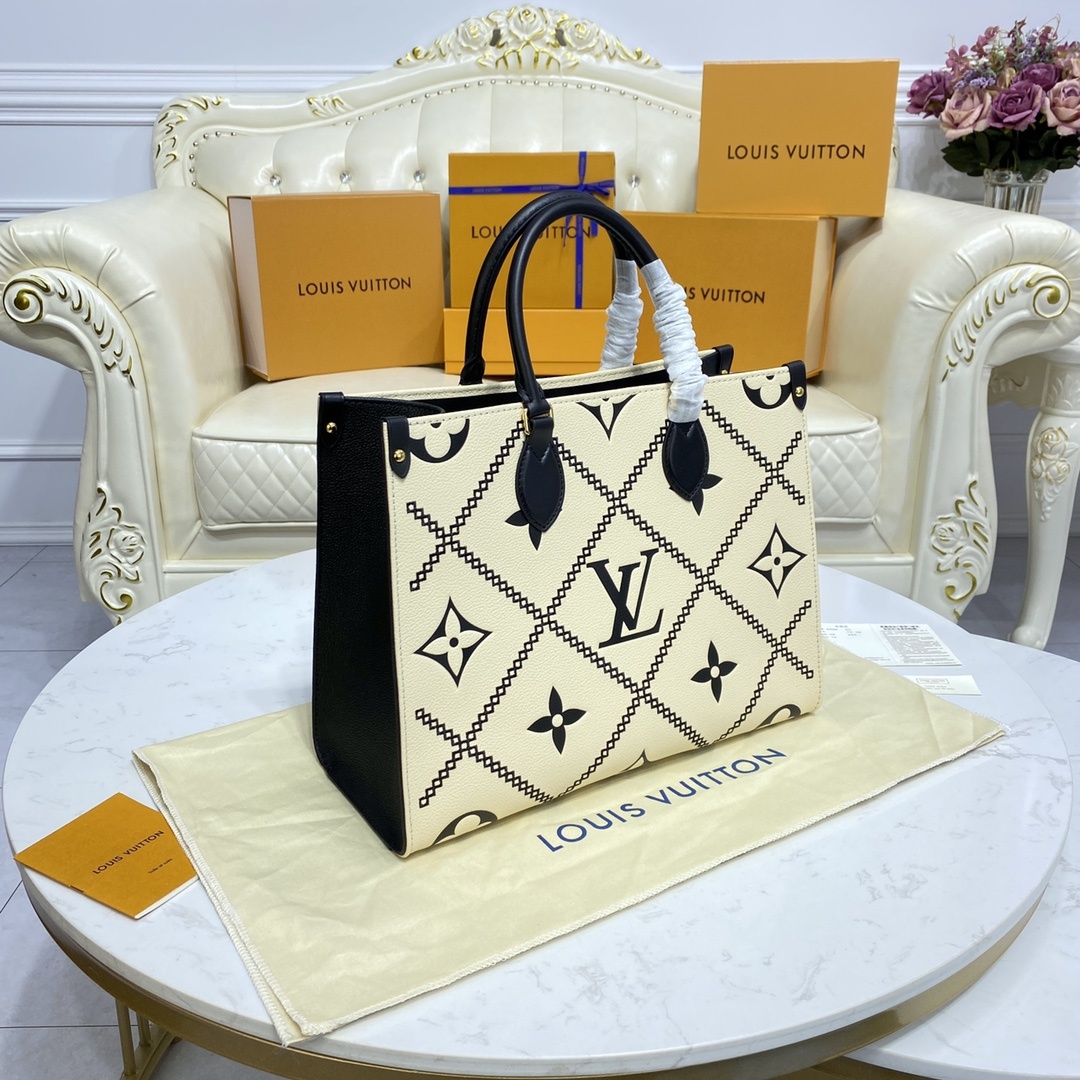 顶级原单M46015杏色46016白色本款Onthego中号手袋取材MonogramEmpreinte皮