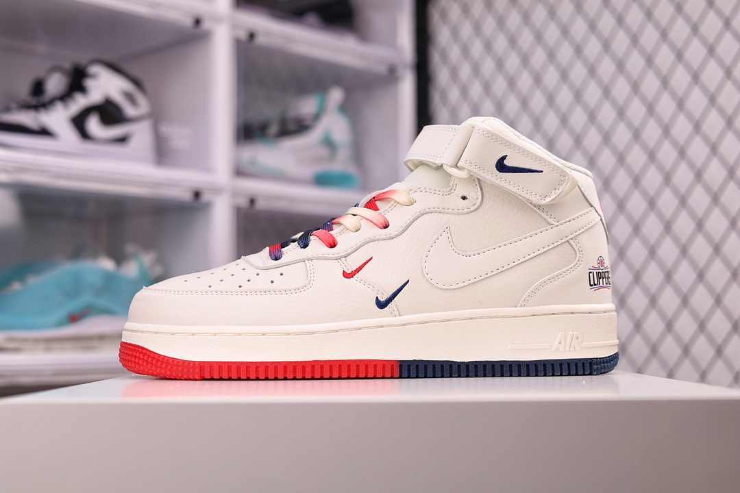 I0 Nike Air Force 1 Mid ’07 “米蓝红”洛杉矶快船原楦头原纸板 打造纯正空军版型专注外贸渠道 全掌内置蜂窝气垫 原盒配件 原厂中底钢印、拉帮完美