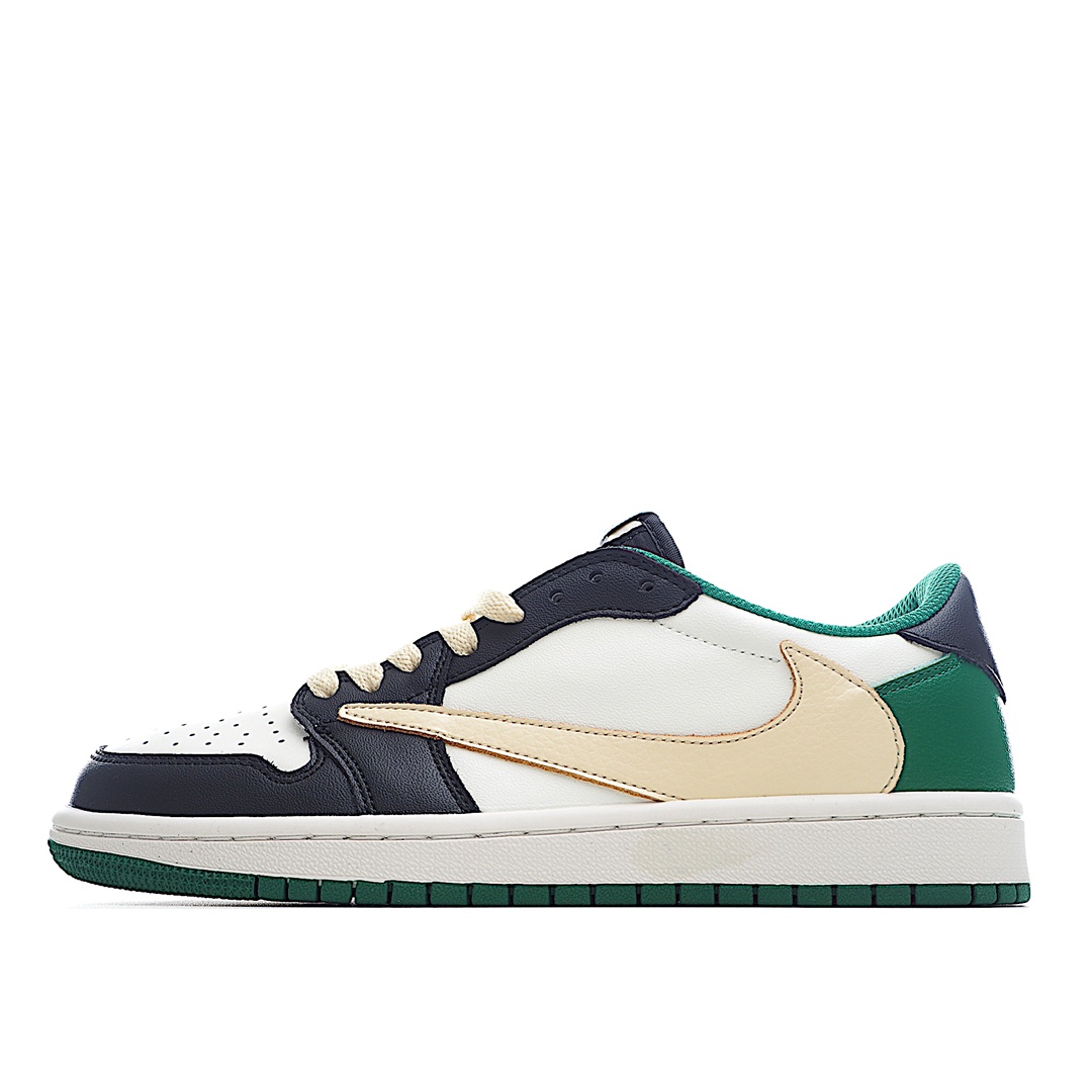 H0 Travis Scott x Fragment x Air Jordan 1 Low TS联名倒勾低帮板鞋 DM7866-128错版灵感来源于洛杉矶球鞋店铺收到一双特别的错版 Air Jordan 1“Gold Toe” 的勾子倒过来 之后抄近 H0 00美元 研发出反向勾的设计