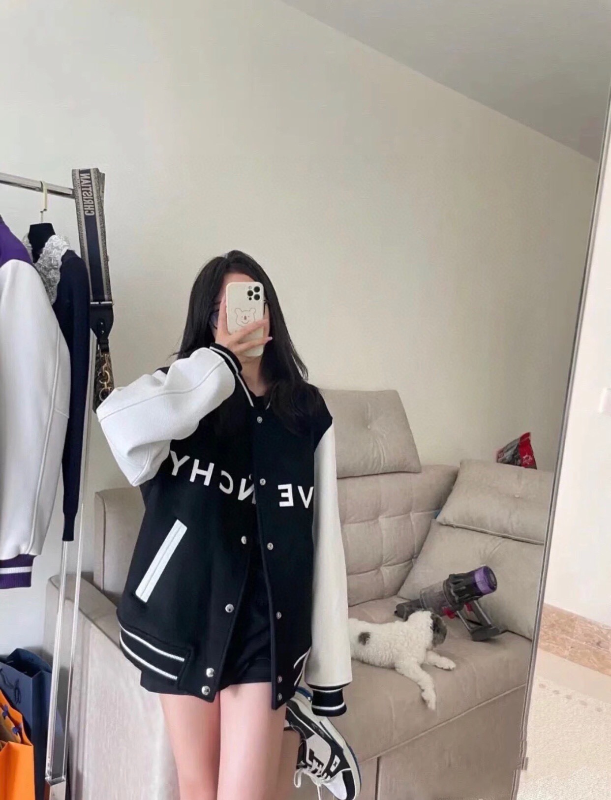 GIVENCHYGivenchy 21Fw Embroidery letters leather sleeves wool baseball uniform
