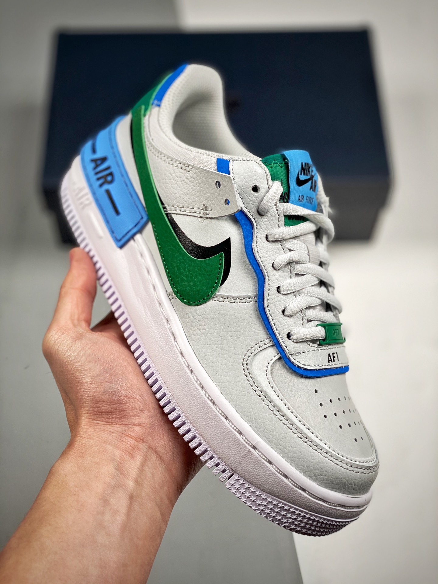 Air Force 1 Shadow doble gancho, blanco verde azul, zapatilla baja ligera con aumento de altura y versátil, "Macaron em…