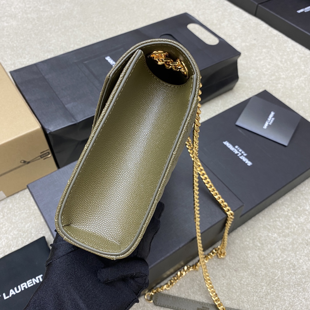 Saint Laurent 橄榄绿球纹/金链𝑬𝒏𝒗𝒆𝒍𝒐𝒑𝒆中号粒面压花绗缝真皮信封包 就是永恒