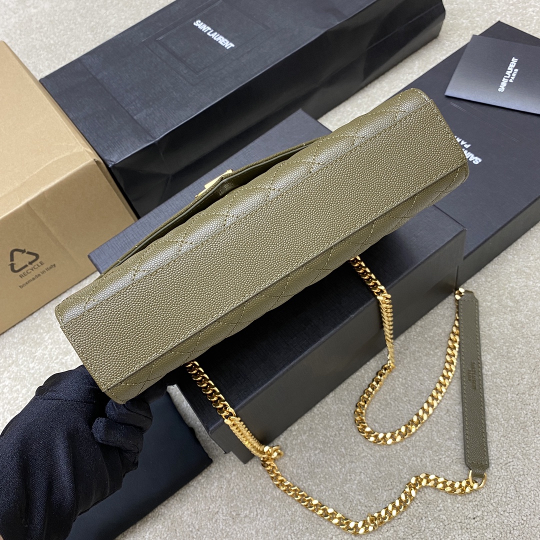 Saint Laurent 橄榄绿球纹/金链𝑬𝒏𝒗𝒆𝒍𝒐𝒑𝒆中号粒面压花绗缝真皮信封包 就是永恒