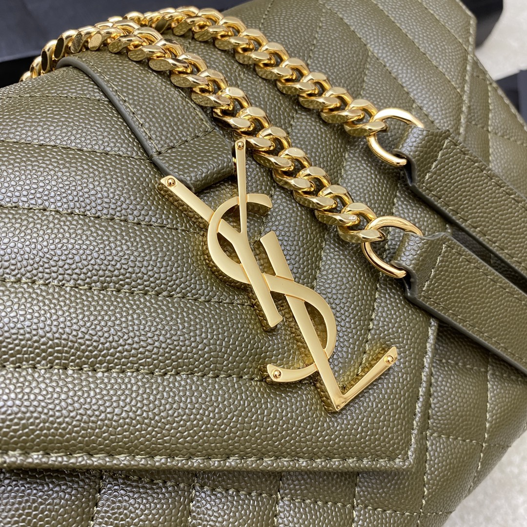 Saint Laurent 橄榄绿球纹/金链𝑬𝒏𝒗𝒆𝒍𝒐𝒑𝒆中号粒面压花绗缝真皮信封包 就是永恒