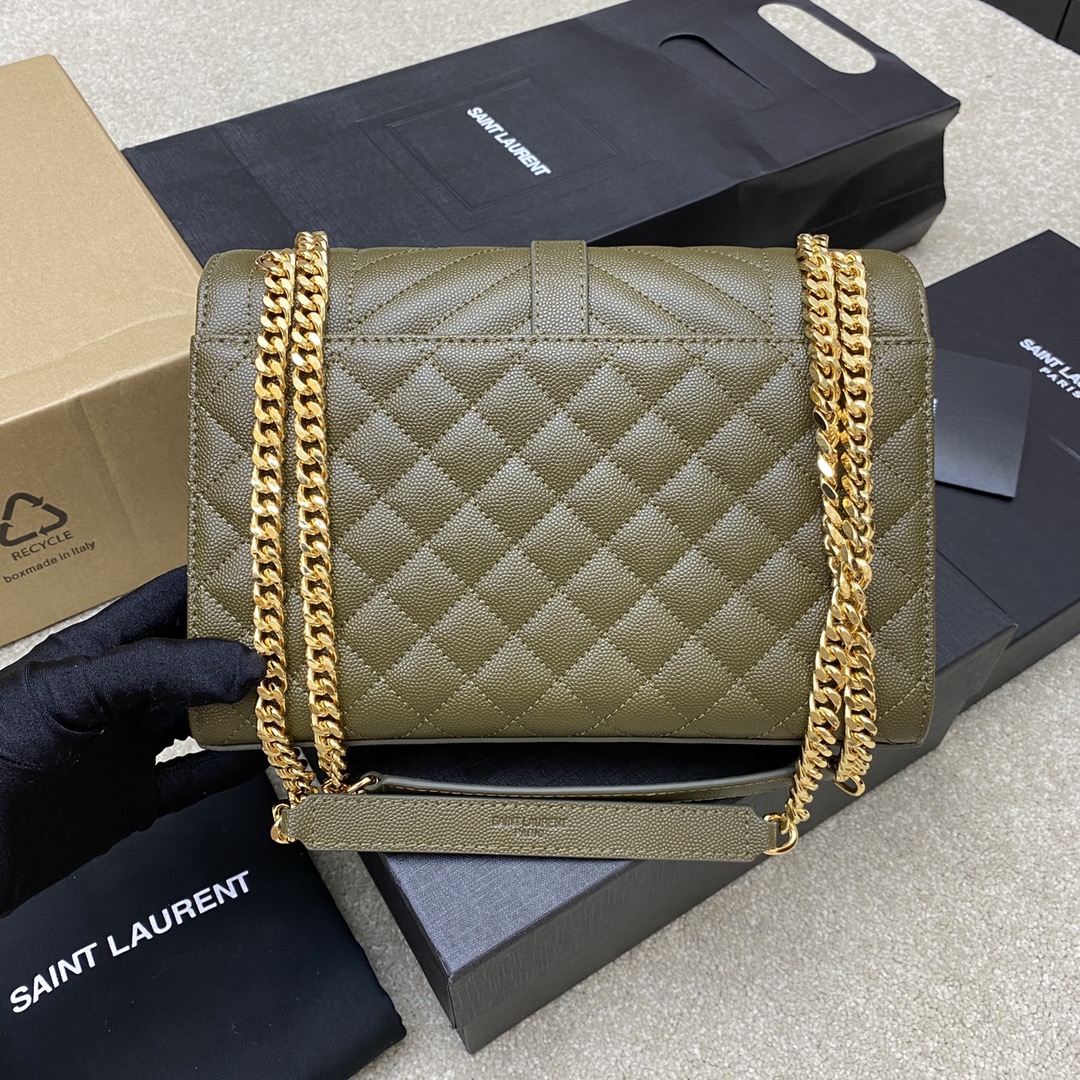 Saint Laurent 橄榄绿球纹/金链𝑬𝒏𝒗𝒆𝒍𝒐𝒑𝒆中号粒面压花绗缝真皮信封包 就是永恒
