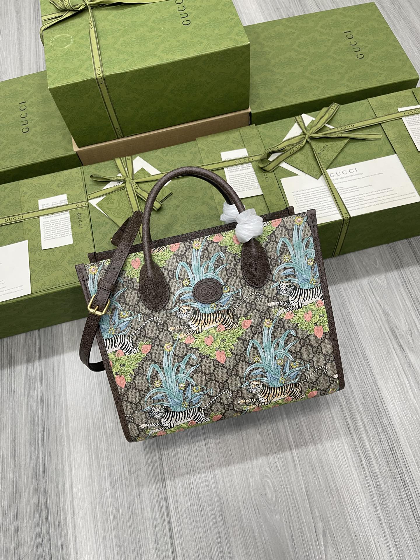 GUCCI Year of the Tiger Tote Bag GG Supreme Canvas Brown Leather Trim Top Handle Shoulder Strap