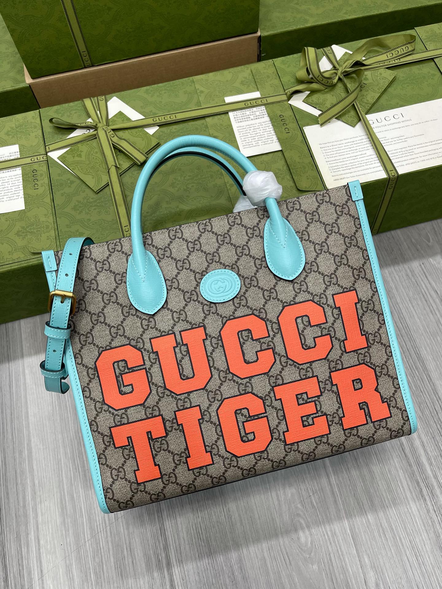 GUCCI Year of the Tiger Tote Bag GG Supreme Canvas Leather Trim Top Handle Shoulder Strap