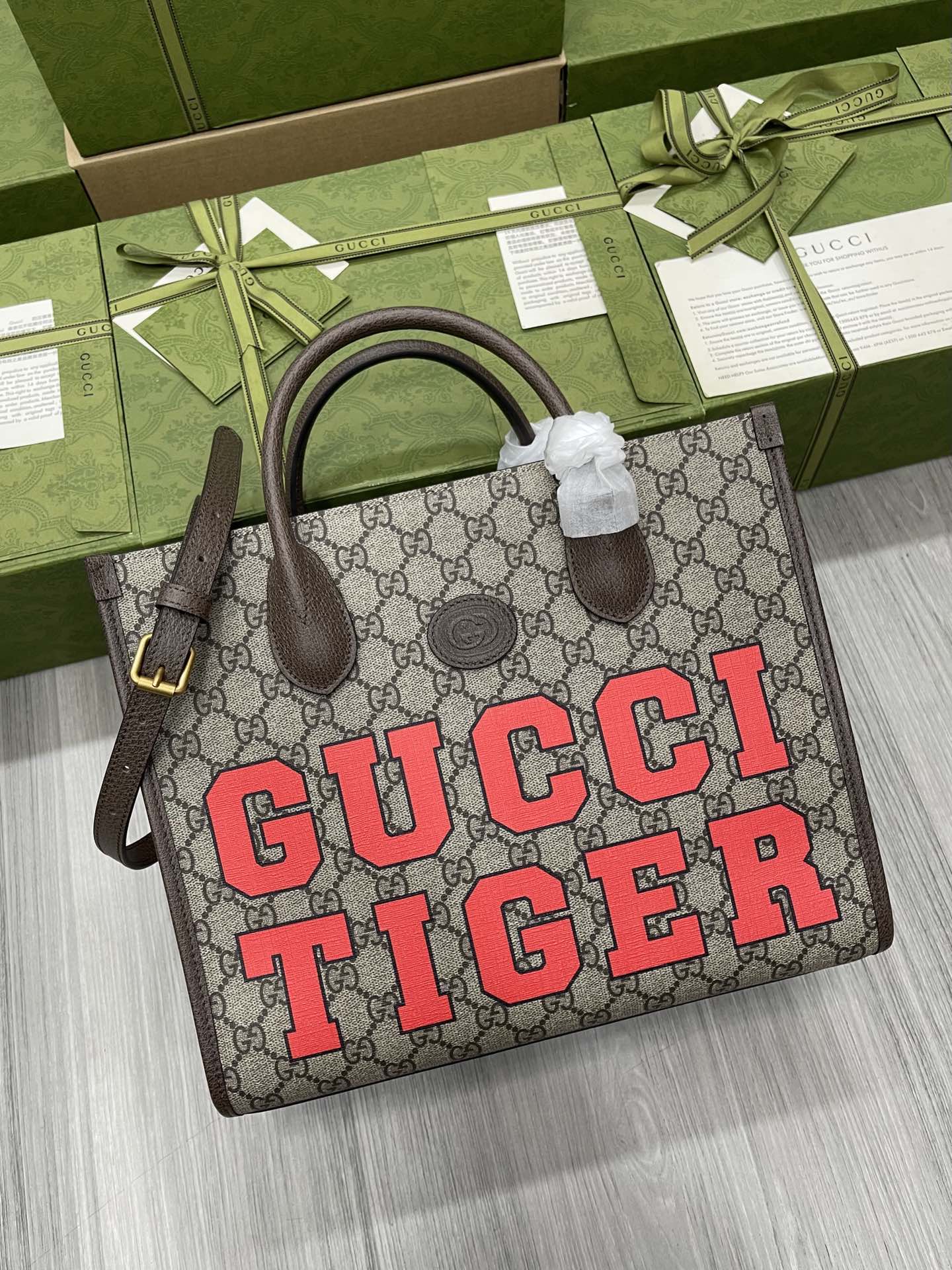 GUCCI Year of the Tiger GG Retro Tote Bag Canvas Leather Trim Top Handle Shoulder Strap
