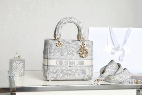 Dior Lady Handbags Crossbody & Shoulder Bags Gold Grey Embroidery