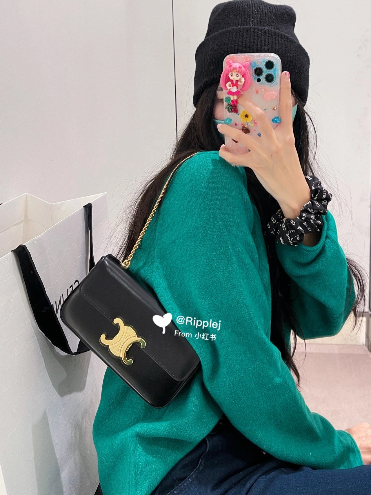 CELINE CHAIN SHOULDER 20.5CM BAG 197993黑色/金扣