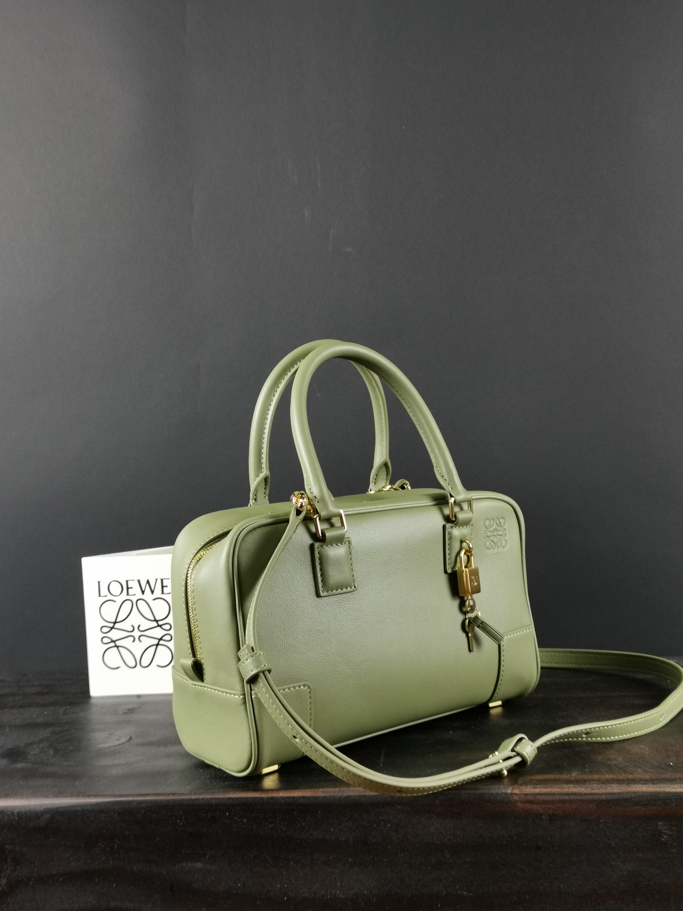 Loewe Amazona 23 Soft Grain Leather Top Handle Satchel Bag - Olive Green 2 a1642614409772 3833