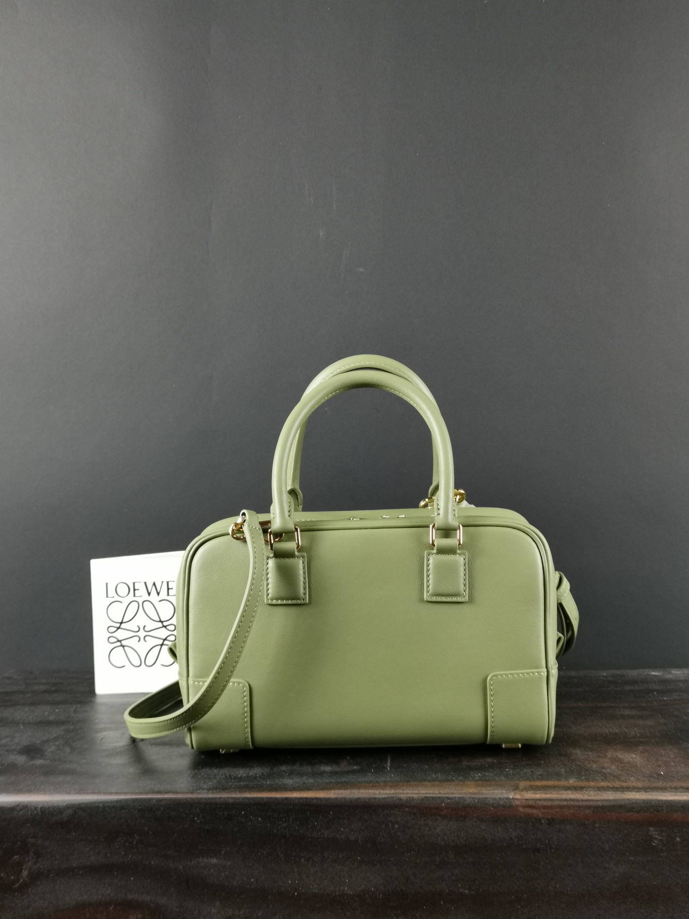 Loewe Amazona 23 Soft Grain Leather Top Handle Satchel Bag - Olive Green 3 a1642614409862 0076
