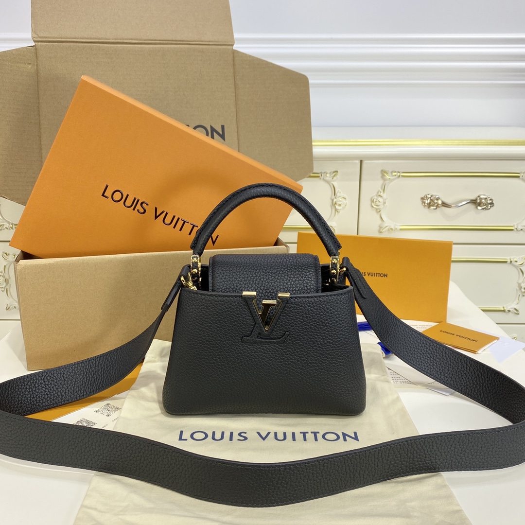 Louis Vuitton LV Capucines Bags Handbags Black Gold Hardware Taurillon Mini