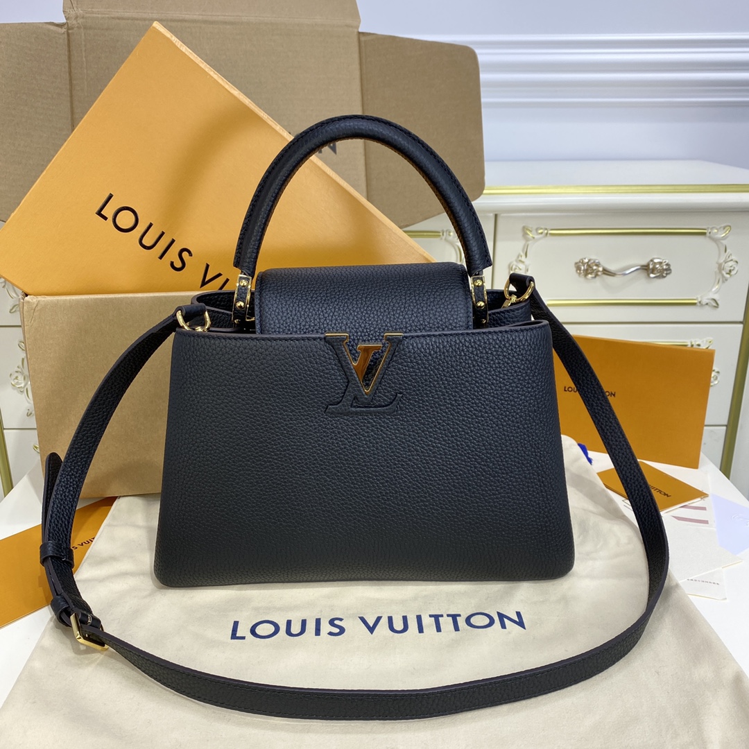 Louis Vuitton LV Capucines Bags Handbags Black Gold Hardware Taurillon Mini